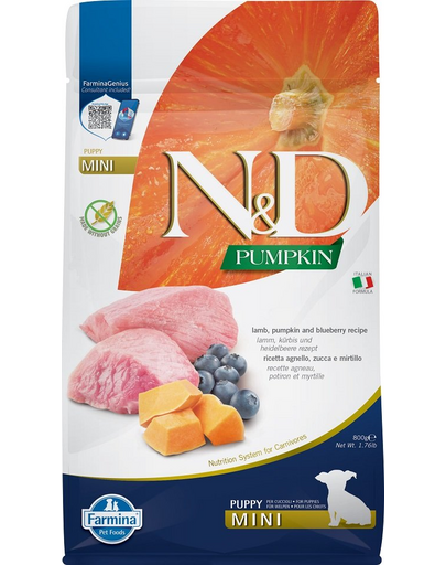 FARMINA N&D GF Pumpkin Puppy Mini - Hrană uscată pentru cățeluși cu miel și afine 800 g