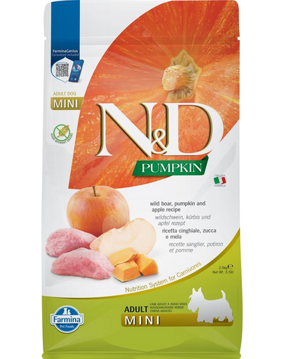 FARMINA N&D GF Adult Mini Pumpkin Boar&Apple hrana uscata caini adulti talie mica, dovleac, mistret si mar 2.5 kg