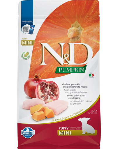 FARMINA N&D Pumpkin Dog Puppy Mini cu puiHrana catei talie mica, cu dovleac si rodie - 2,5 kg