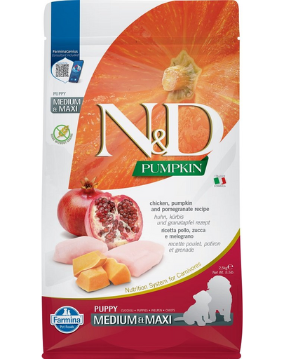 FARMINA N&D Pumpkin Dog Puppy Medium&Maxi hrana uscata catei de talie medie sau mare, cu pui, rodie si dovleac  2,5 kg