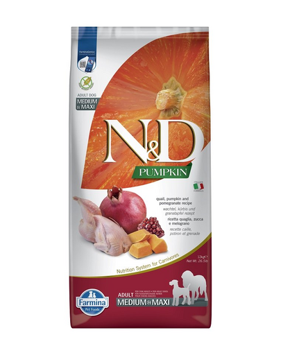 FARMINA N&D Quail Pumpkin & Pomegranate Adult Medium & Maxi Hrana uscata caini talie medie si mare 12 kg
