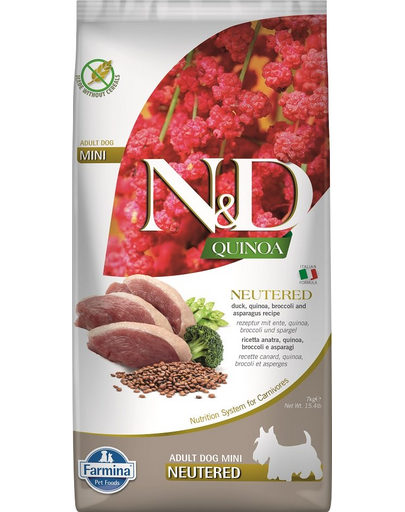 FARMINA N&D Quinoa Hrana pentru caini sterilizati sau castrati de talie mica, cu rata, broccoli si sparanghel 7 kg