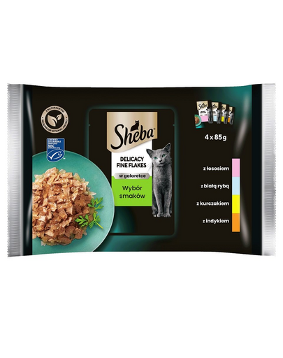 SHEBA plicuri hrana pisici 4x85g Fine Flakes in Jelly - hrana umeda pentru pisici in jeleu (peste alb, somon, curcan, pui)