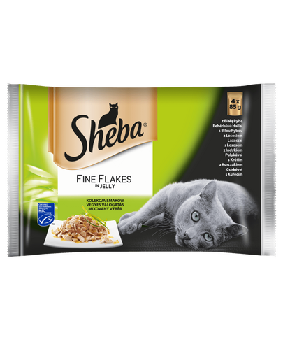 SHEBA plicuri hrana pisici 4x85g Fine Flakes in Jelly - hrana umeda pentru pisici in jeleu (peste alb, somon, curcan, pui)