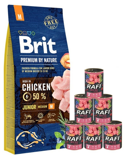 BRIT Premium By Nature Junior Medium M 15 kg + 6x400 g conserve cu vitel