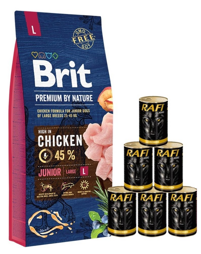 BRIT Premium By Nature Junior Large L 15 kg + hrana umeda 6x1240 g cu pasare