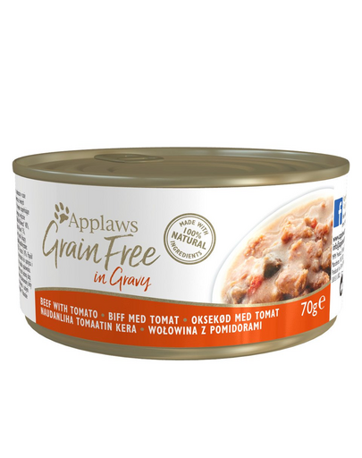 APPLAWS Cat Tin Grain Free Mancare umed pentru pisica adulta, cu vita si rosii in sos 70g