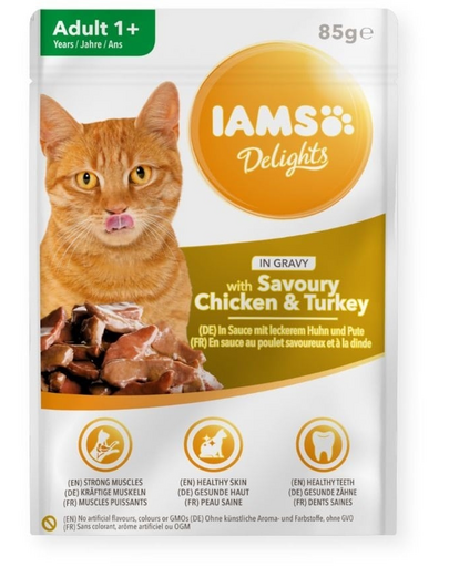 IAMS Cat Adult All Breeds Chicken & Turkey In Gravy Hrana umeda pentru pisici adulte, cu pui si curcan 85 g