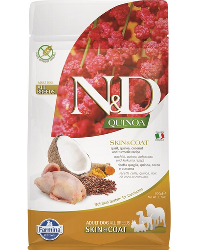 N&D Dog Quinoa Skin & Coat Quail 800 g hrana caini, cu prepelita