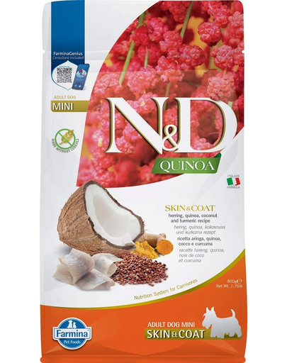 FARMINA N&amp;D Quinoa Skin &amp; Coat Mini hrană câini adulți talie mică cu hering și cocos 800 g