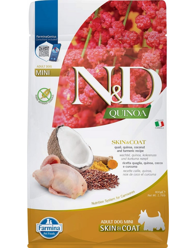 FARMINA N&D Quinoa Skin&Coat Mini Hrana caini talie mica, cu prepelita si nuca de cocos 800 g