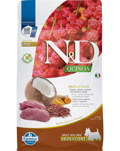FARMINA N&amp;D Quinoa Skin &amp; Coat Mini hrană câini adulți talie mică cu cerb și cocos, 800 g