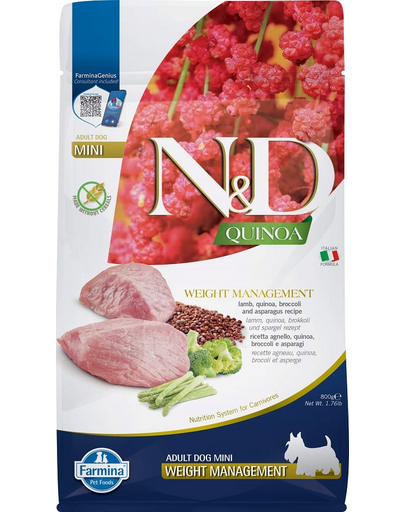 FARMINA N&amp;D Quinoa Weight Management Mini hrană câini adulți talie mică cu miel, 800 g