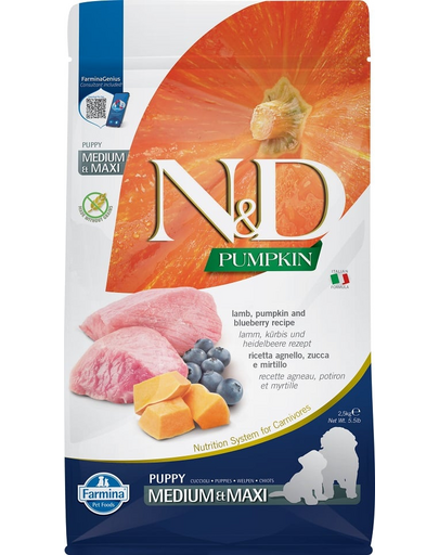 FARMINA N&D GF Puppy Medium&Maxi Pumpkin Lamb&Blueberry hrana uscata caini juniori talie medie/mare, cu dovleac, miel si afine 2,5 kg