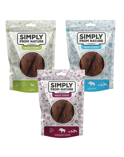 SIMPLY FROM NATURE Meat Strips carne vanat, mix arome pentru caini 3x80 g