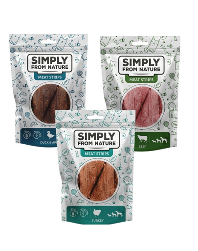SIMPLY FROM NATURE Meat Strips pachete recompense caini 3x80 g arome mixte
