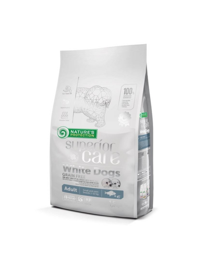 NATURES PROTECTION SUPERIOR CARE White Dogs Grain Free White Fish Adult Small and Mini Breeds 1,5 kg hrana caini adulti talie mica cu blana alba, cu peste alb