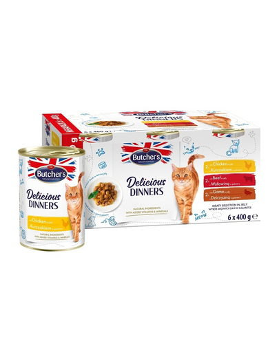 BUTCHER\'S Delicious Dinners Cat Meaty selection in Jelly 6x400 g bucati pui, vita si vanat in aspic pentru pisici