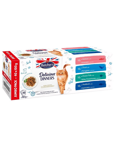 BUTCHER\'S Delicious Dinners Cat Jumbo Pack Fish selection in Jelly 40x100 g bucati somonpastrav, peste oceanic, eglefin pentru pisici, in aspic