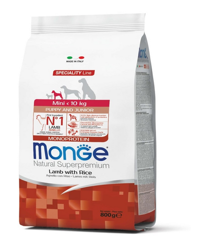 MONGE Mini Puppy&Junior hrană uscată pentru cățeluși de talie mică, cu miel și orez 800 g