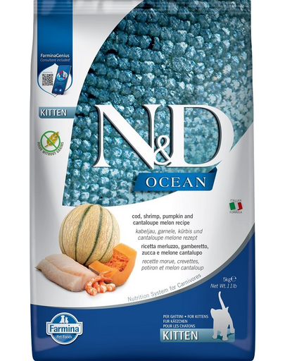 FARMINA N&D Ocean Hrana uscata pisoi, pisici gestante si care alapteaza, cu cod, creveți, dovleac si pepene galben - 5 kg