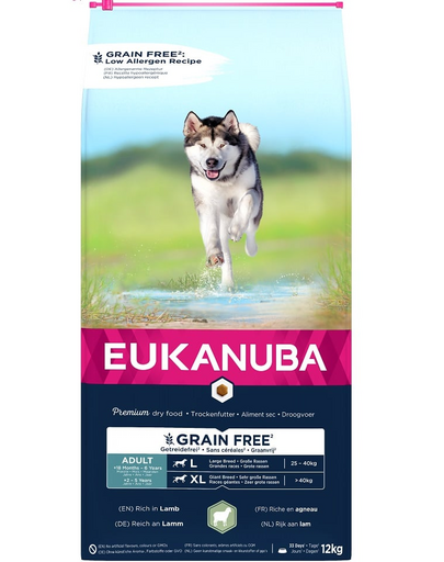 EUKANUBA Grain Free L Adult 12 kg Sac hrana pentru caine de talie mare, cu miel