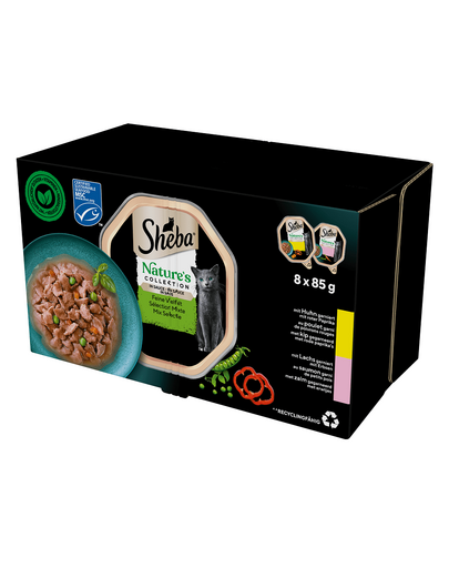 SHEBA Nature\'s Collection Mixed Flavours hrana umeda pisica 8x85g pui cu ardei si somon cu mazare