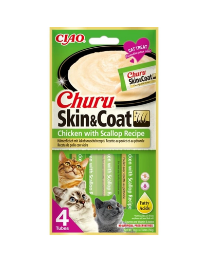 INABA Churu Skin&Coat 4x14g recompense cremoase pui si scoici pentru pisici