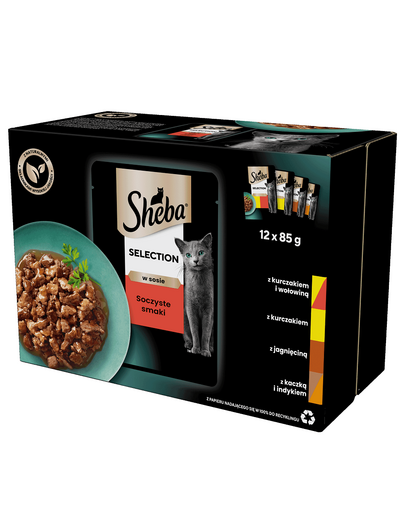 SHEBA Selection Juicy Flavors plicuri 12x85 g hrana umeda completa pentru pisici adulte, in sos, cu vita, pui, miel, curcan
