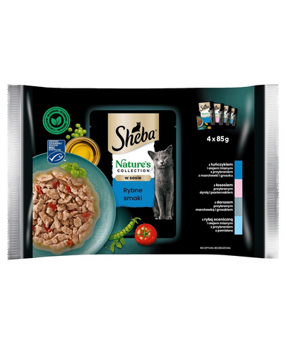 SHEBA  Nature’s Collection 4x85 g Fish Flavours hrana la pliculet cu sos pentru pisica, mix peste