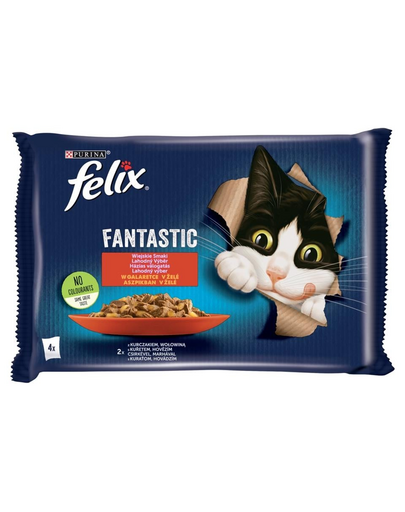 FELIX FANTASTIC hrana umeda cu  pui si carne de vita in jeleu pentru pisici adulte 48x85g