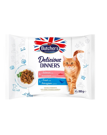 BUTCHER\'S Delicious Dinners hrana plic pisici adulte, in aspic 4x100g cu somon, cu pastrav