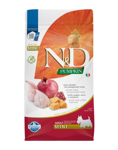 FARMINA N&D Pumpkin Dog Adult mini Quail, pumpkin, pomegranate 2 kg Mancare uscata caini talue mica, cu prepelita, dovleac si rodie