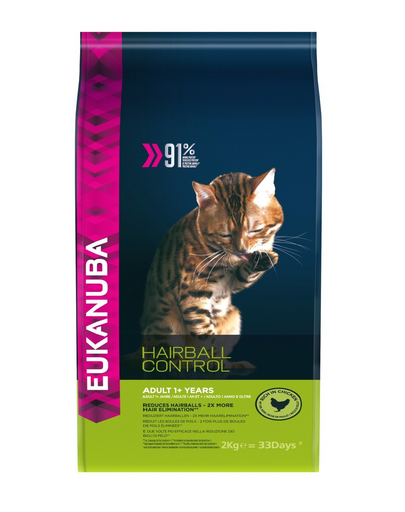 EUKANUBA Cat Hairball Control Adult All Breeds Chicken & Liver Hrana uscata pentru pisici adulte, impotriva formarii ghemelor de blana 2 kg