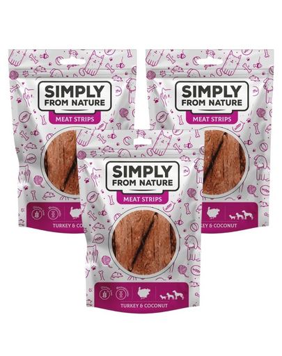 SIMPLY FROM NATURE Meat Strips curcan si cocos, gustare caine 3x80 g