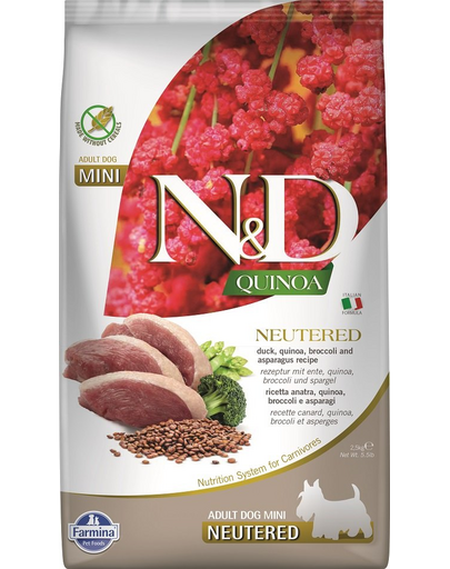 FARMINA N&D Quinoa Hrana pentru caini sterilizati de talie mica, cu rata, broccoli si sparanghel  2,5 kg