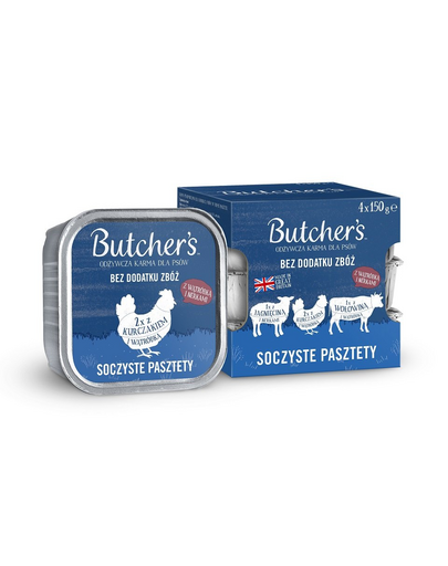 BUTCHER\'S Original Pateu suculent Arome mixte cu ficat sau rinichi 4x150 g pateu cu carne de vită, cu miel și pui pentru câini