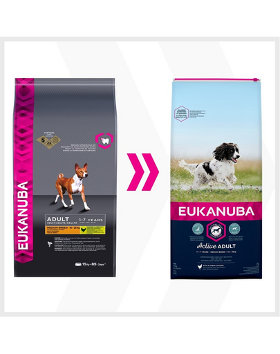EUKANUBA Active Adult Medium Breed bogat in pui proaspat 15kg hrana caini