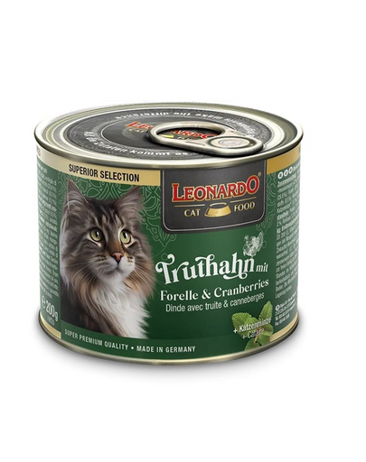 LEONARDO Superior Selection 200 g curcan, pastrav si merisor conserva pisica
