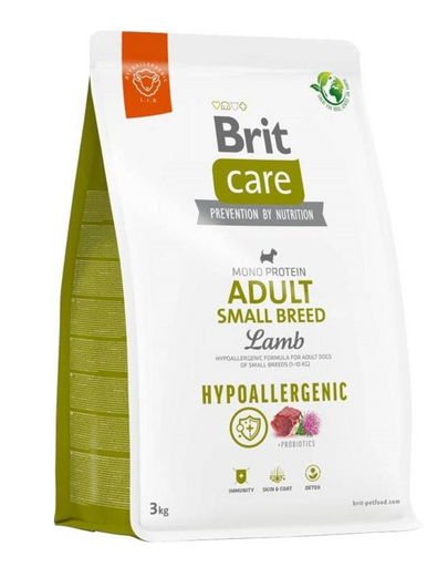 BRIT CARE Hypoallergenic Adult Small Breed Lamb 3 kg hrana caini adulti rasa mica, cu miel