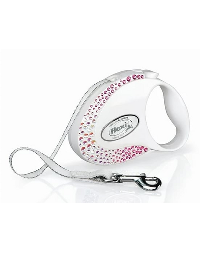 FLEXI Glam S Petite Composition Lesa alba cu banda pentru caini 3 m decorat cu Swarovski