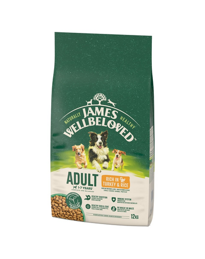 JAMES WELLBELOVED Adult 12 kg hrana caini adulti 1-7 ani bogata in curcan si orez