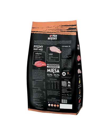 PAN MIĘSKO hrana caini cu vitel si curcan M 9 kg
