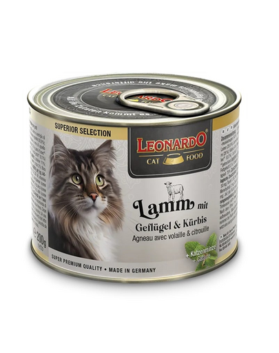 LEONARDO Superior Selection 200 g hrana umeda fara cereale pentru pisici adulte, cu miel, pasare si dovleac