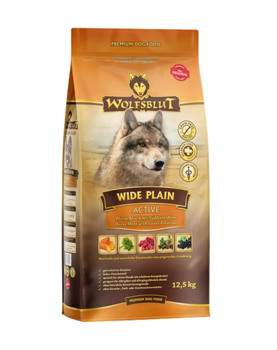 WOLFSBLUT Wide Plain Active mancare caini adulti activi, cu carne de cal si cartofi dulci 12,5 kg