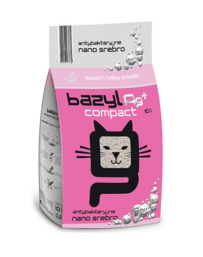 BAZYL Ag+ Compact Baby Powder 10 L nisip pentru pisici cu nano-argint si parfum de pudra pentru bebelusi