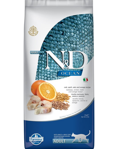 FARMINA N&D Ocean Cat Adult Cod, Spelt, Oats & Orange 10 kg Sac hrana uscata pisici, cu cod, spelta, ovaz si portocala