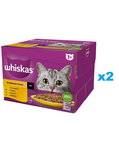 Plicuri in sos WHISKAS Adult 48x85 g bucati de pui, rata, pasare, curcan pentru pisici adulte