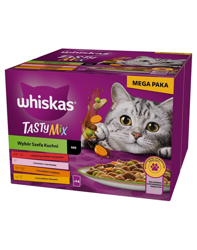 Hrana pentru pisici WHISKAS Adult 24x85 g Tasty Mix mix arome in sos cu vita, somon, pui si curcan, pui si cod pentru pisici adulte
