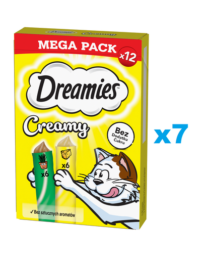 DREAMIES Creamy MEGA PACK 84x10 g recompense pisici, cu branza si iarba matei